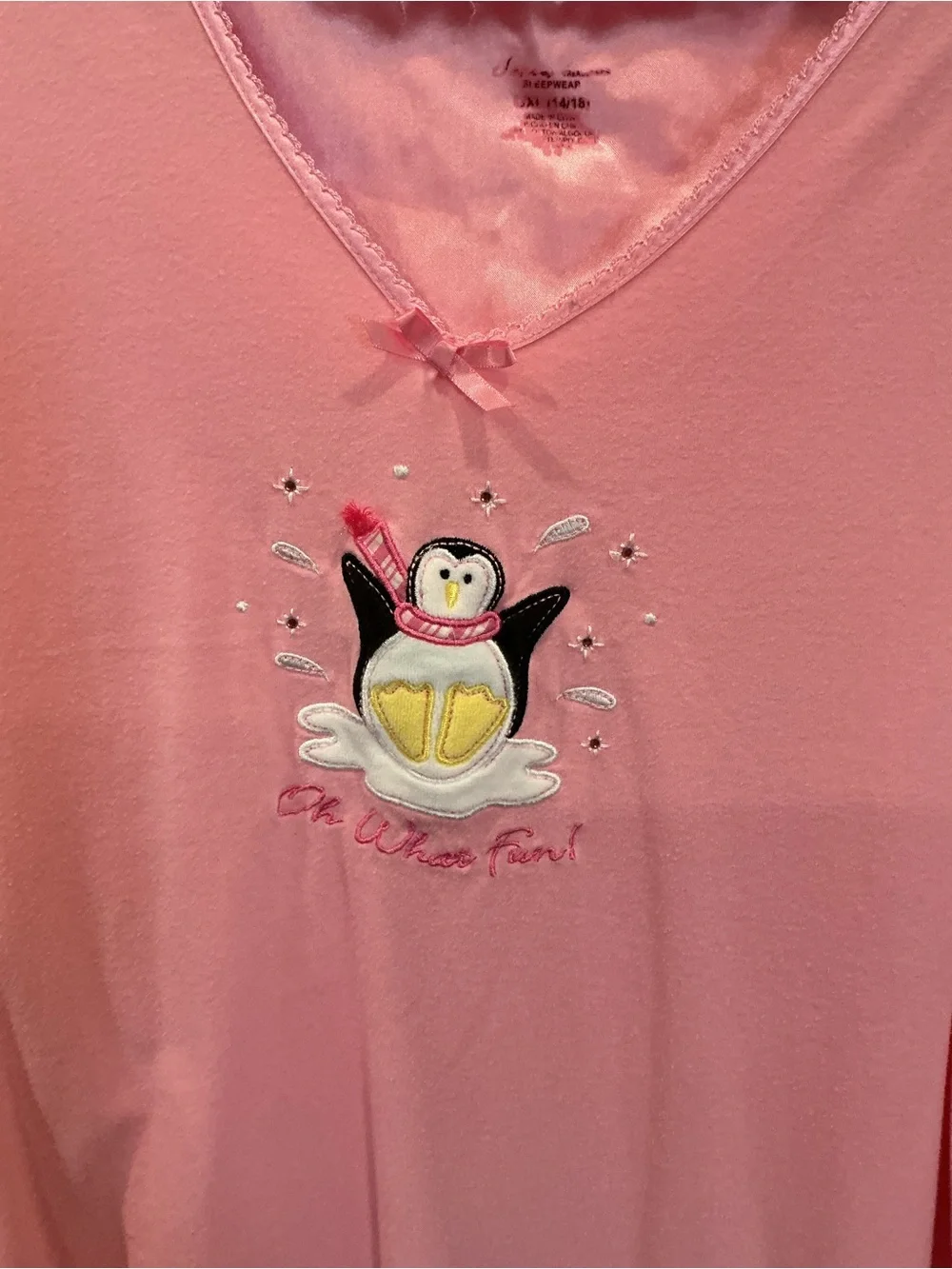 Pink Long-Sleeve V-Neck Nightgown with Penguin Graphic